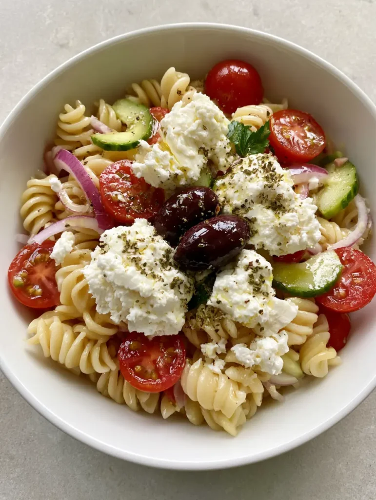 Close-up of rotini spirals and sliced cucumbers in a Greek Pasta Salad with Feta.