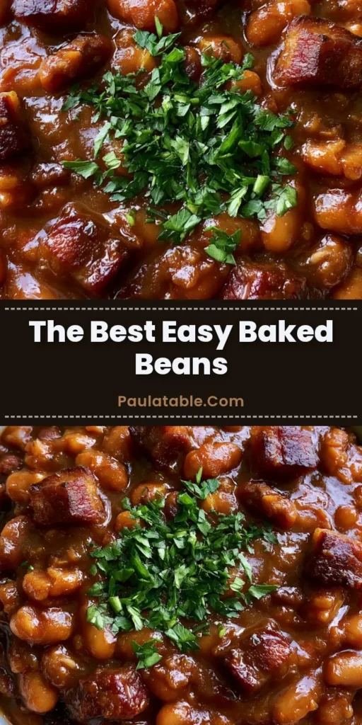 A white ceramic bowl filled with glossy Canned Baked Beans topped with crispy bacon squares and fresh parsley on a rustic off-white surface.