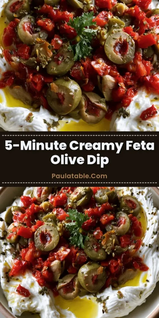 A close-up vertical shot of Feta and Green Olive Dip in a ceramic bowl with pimiento olives and red peppers.