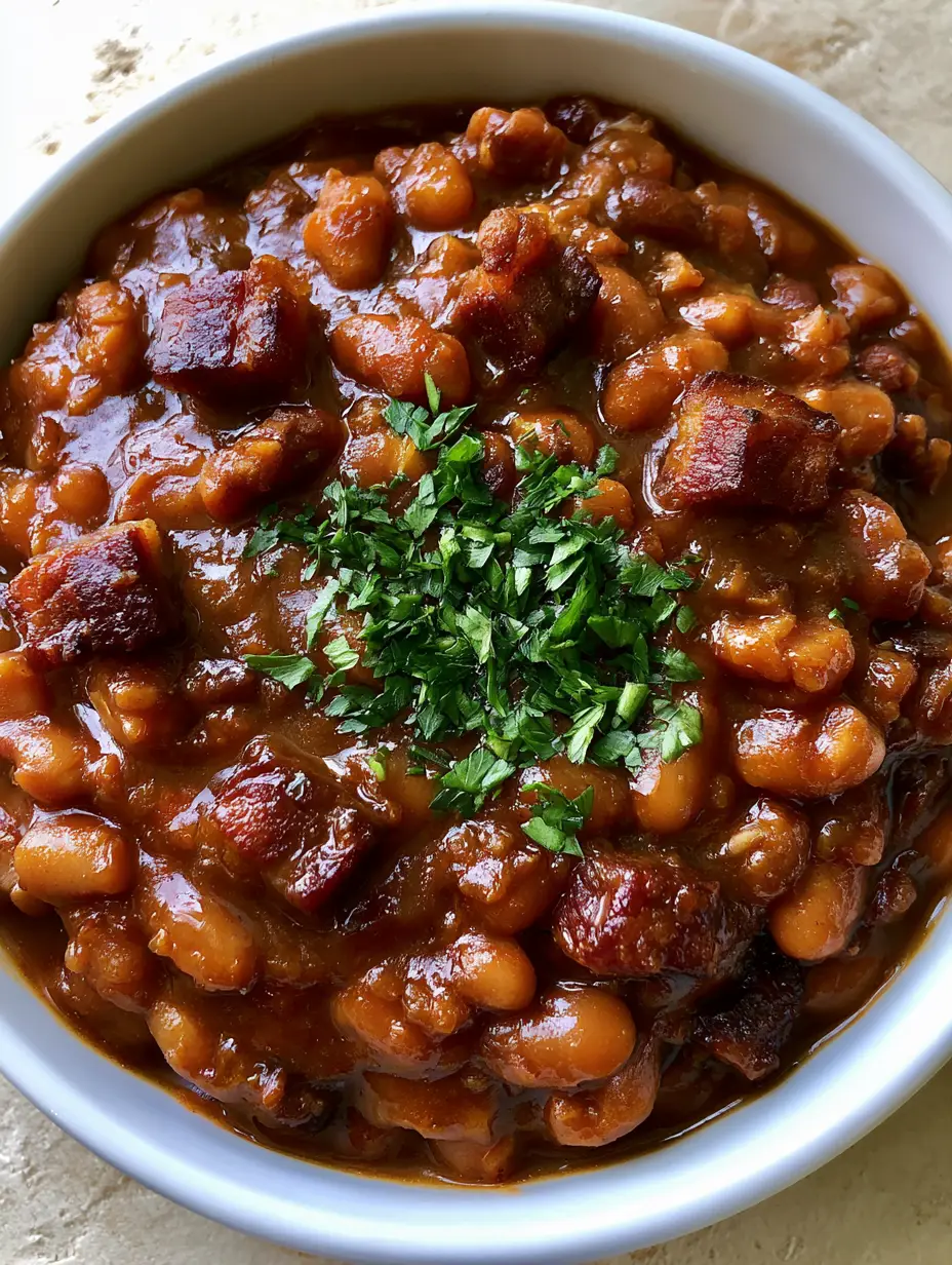 Top-down close-up of Canned Baked Beans showing the translucent amber-brown sauce and whole navy beans.