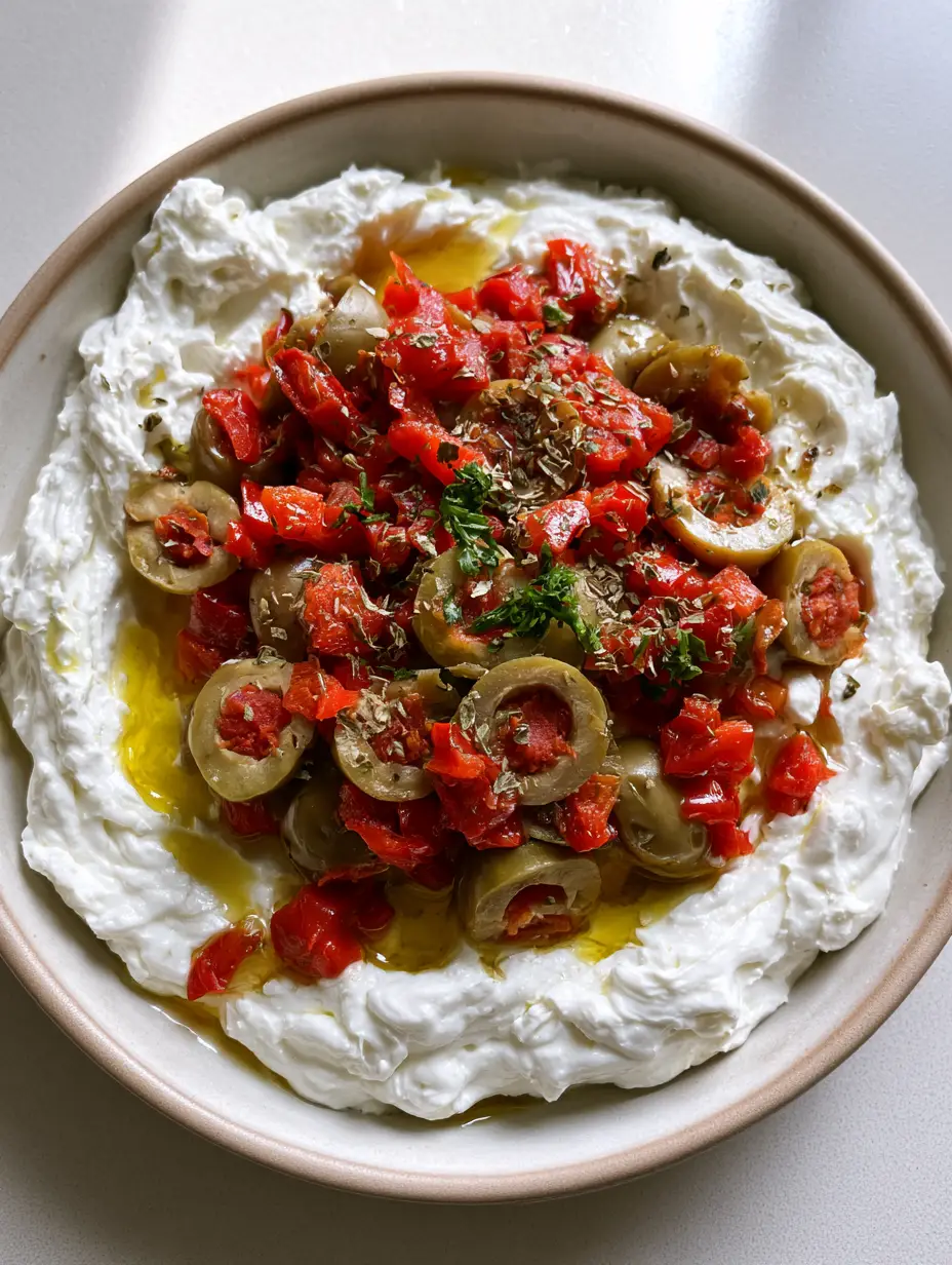 Overhead view of a shallow ceramic bowl containing whipped Feta and Green Olive Dip with golden oil swirls.