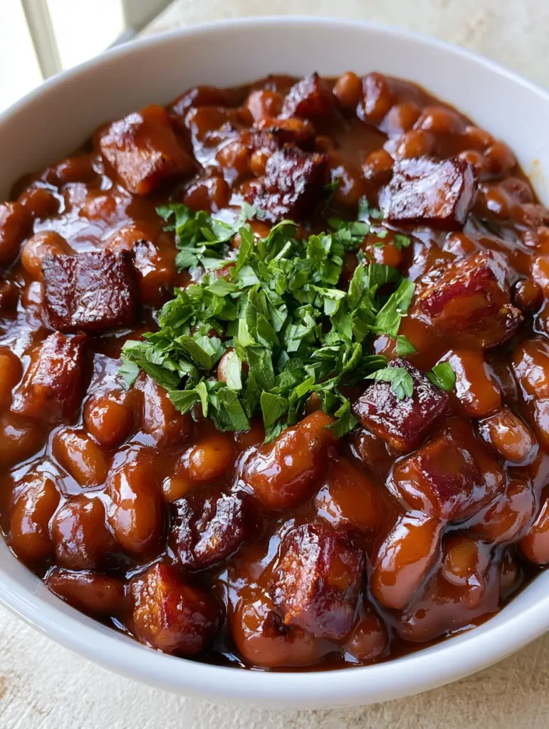 Detail shot of crispy bacon squares nestled among Canned Baked Beans in a white bowl.