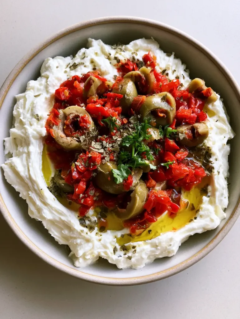 Side angle of the Feta and Green Olive Dip showing the texture of sliced olives and diced peppers.