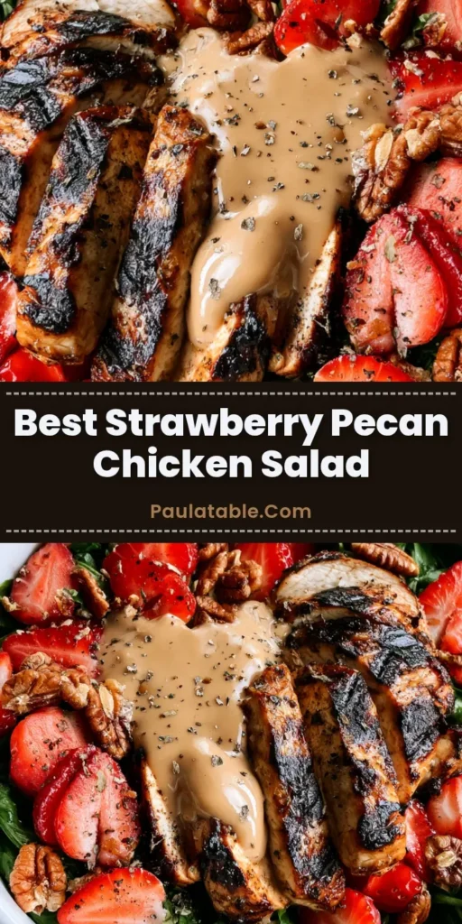 A smartphone photo of Strawberry Pecan Chicken Salad in a white bowl showing charred grilled chicken slices, strawberries, toasted pecan halves, and creamy tan vinaigrette on a light grey stone surface.