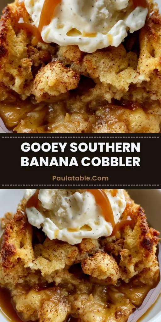 A close-up of Southern Banana Cobbler in a white bowl with melting vanilla ice cream and caramel drizzle.