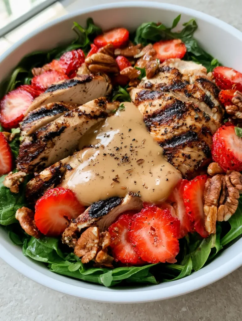 Wide white ceramic bowl filled with Strawberry Pecan Chicken Salad, displaying fresh sliced strawberries, dark green arugula, and a thick opaque pecan vinaigrette drizzle under natural lighting.