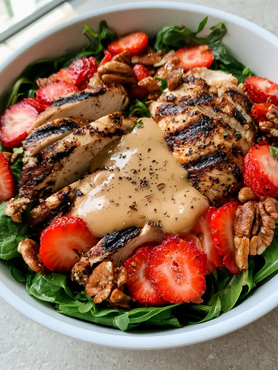 Wide white ceramic bowl filled with Strawberry Pecan Chicken Salad, displaying fresh sliced strawberries, dark green arugula, and a thick opaque pecan vinaigrette drizzle under natural lighting.