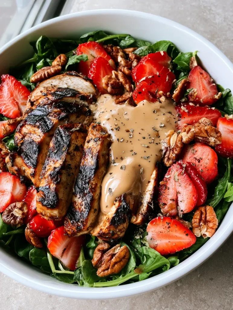 Close up view of whole toasted pecan halves and cracked black pepper scattered over thick slices of juicy grilled chicken breast in a Strawberry Pecan Chicken Salad.