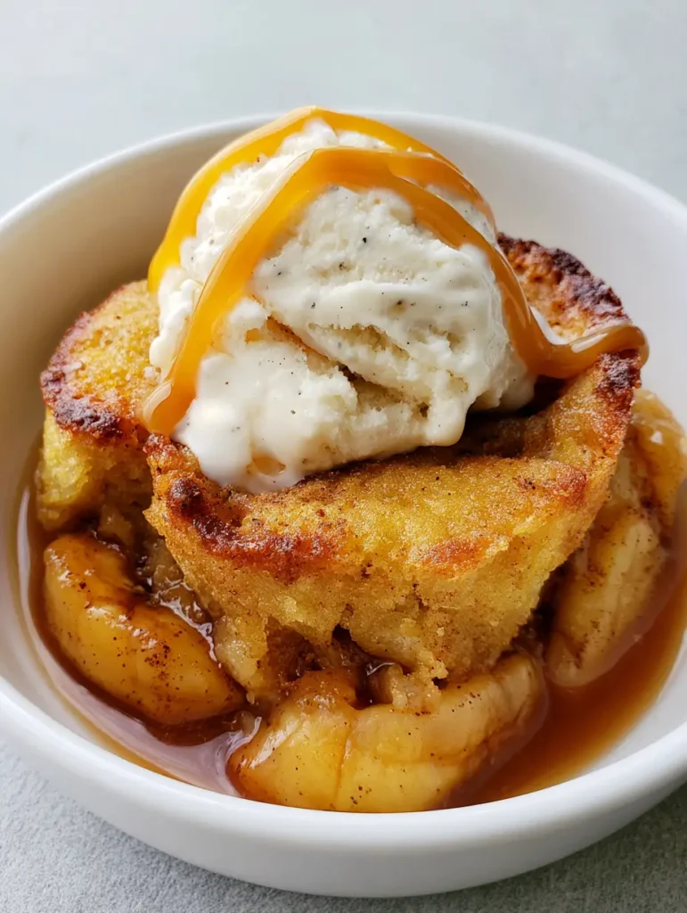 Side view of Southern Banana Cobbler with melting ice cream and caramel ribbons.