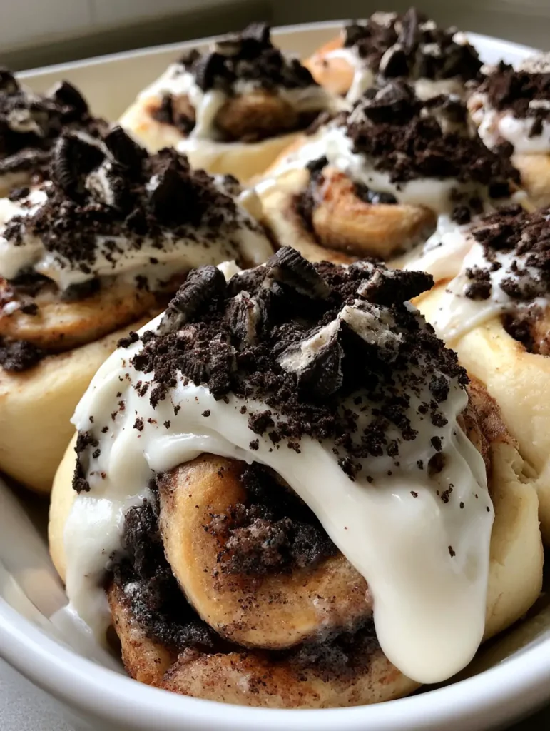 A batch of pale golden Cookies and Cream Cinnamon Rolls pooling in white cream cheese icing.