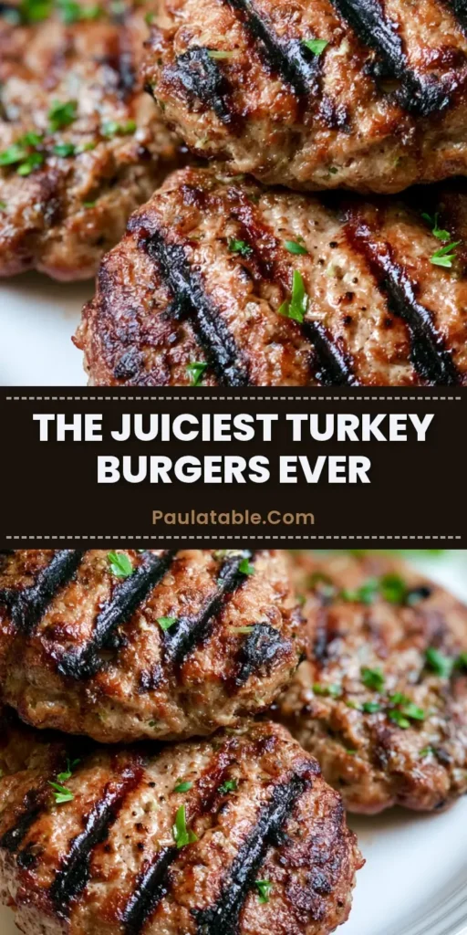 A close-up of thick, juicy grilled turkey burger patties with diagonal char marks and fresh parsley on a white plate. (Juicy Turkey Burger Recipe)