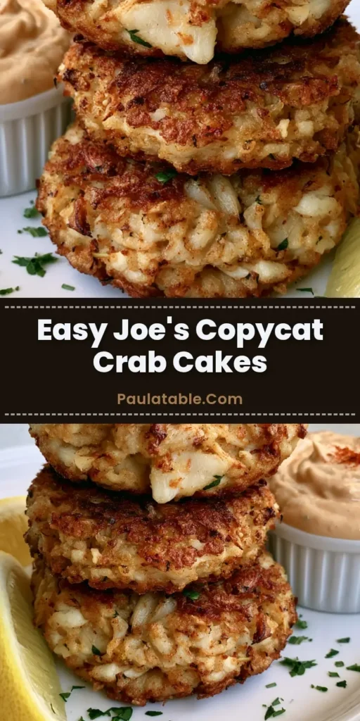 A stack of three golden-brown pan-fried Joe's Crab Shack Crab Cakes with lemon wedges and remoulade sauce.