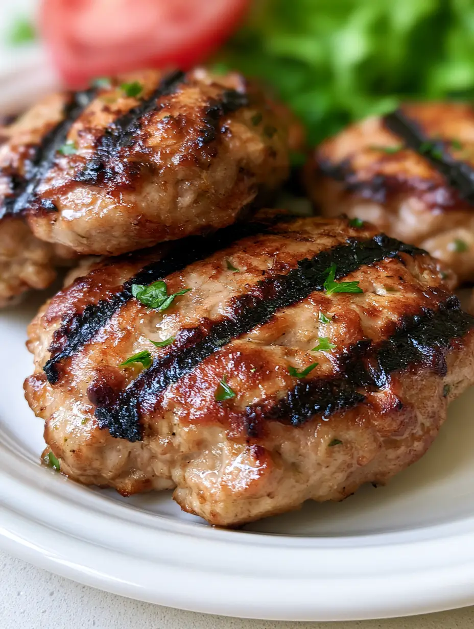 Handheld photo of glistening turkey burger patties featuring dark diagonal grill marks. (Juicy Turkey Burger Recipe)