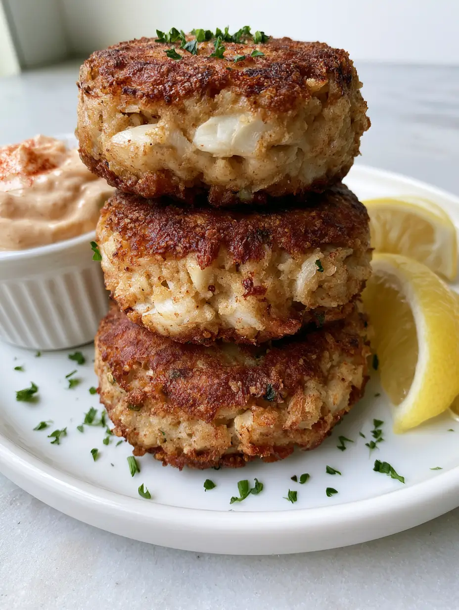 Close-up of thick Joe's Crab Shack Crab Cakes showing flaky white crab meat and crispy seared crust.