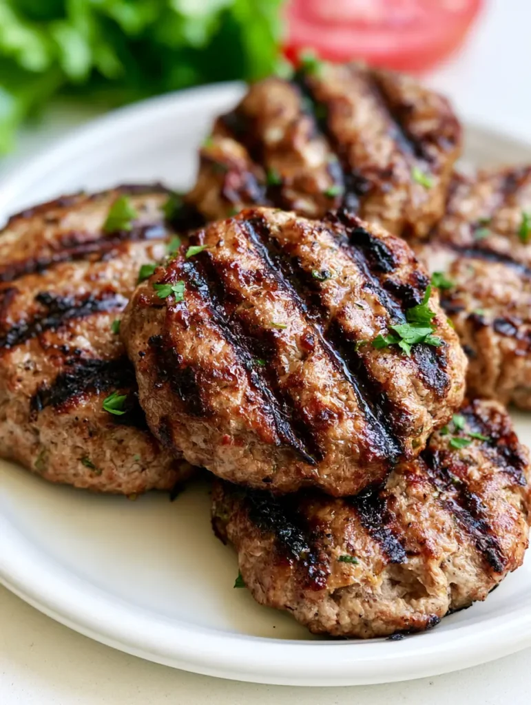 Thick turkey burger patties on a ceramic plate with soft-focus lettuce and tomato in the background. (Juicy Turkey Burger Recipe)