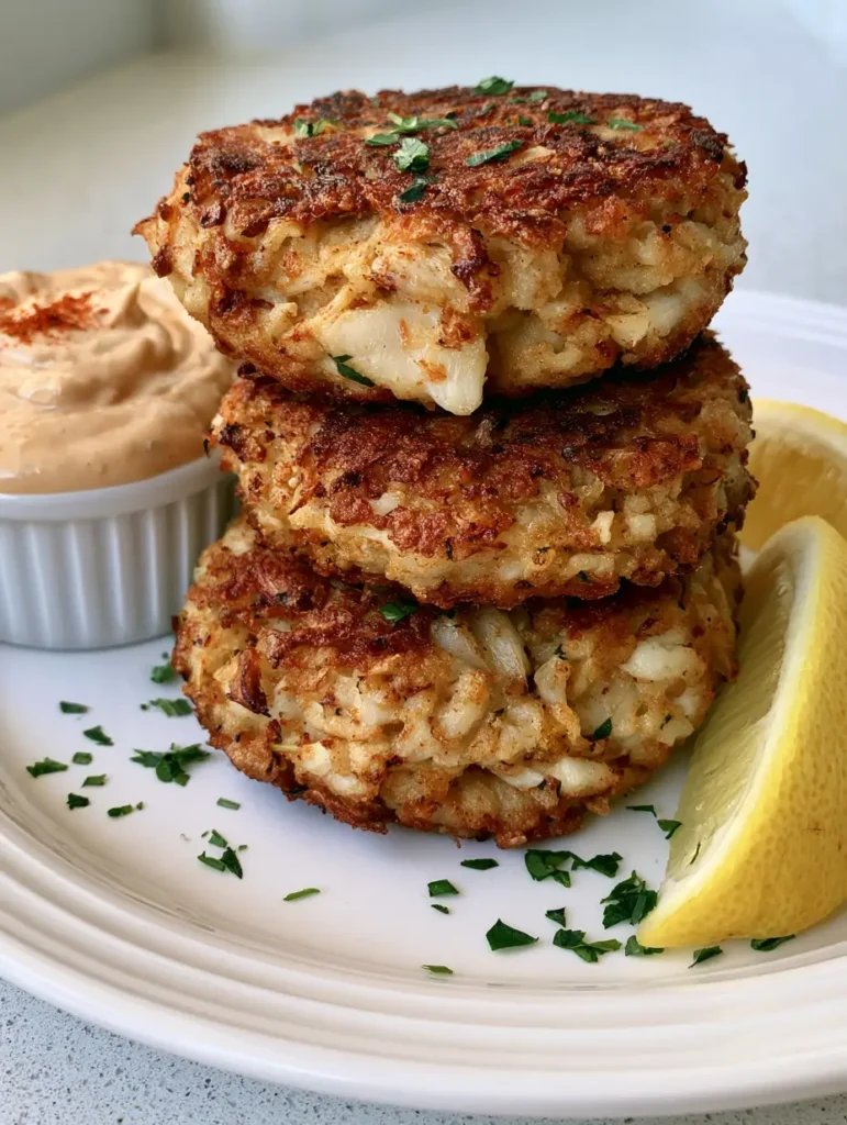 Three Joe's Crab Shack Crab Cakes on a white plate with orange remoulade and parsley garnish.