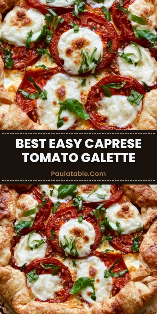 A top-down view of a rustic Caprese Galette with a golden-brown hand-folded crust, bubbly melted mozzarella rounds, and roasted red tomatoes on grease-stained parchment paper.