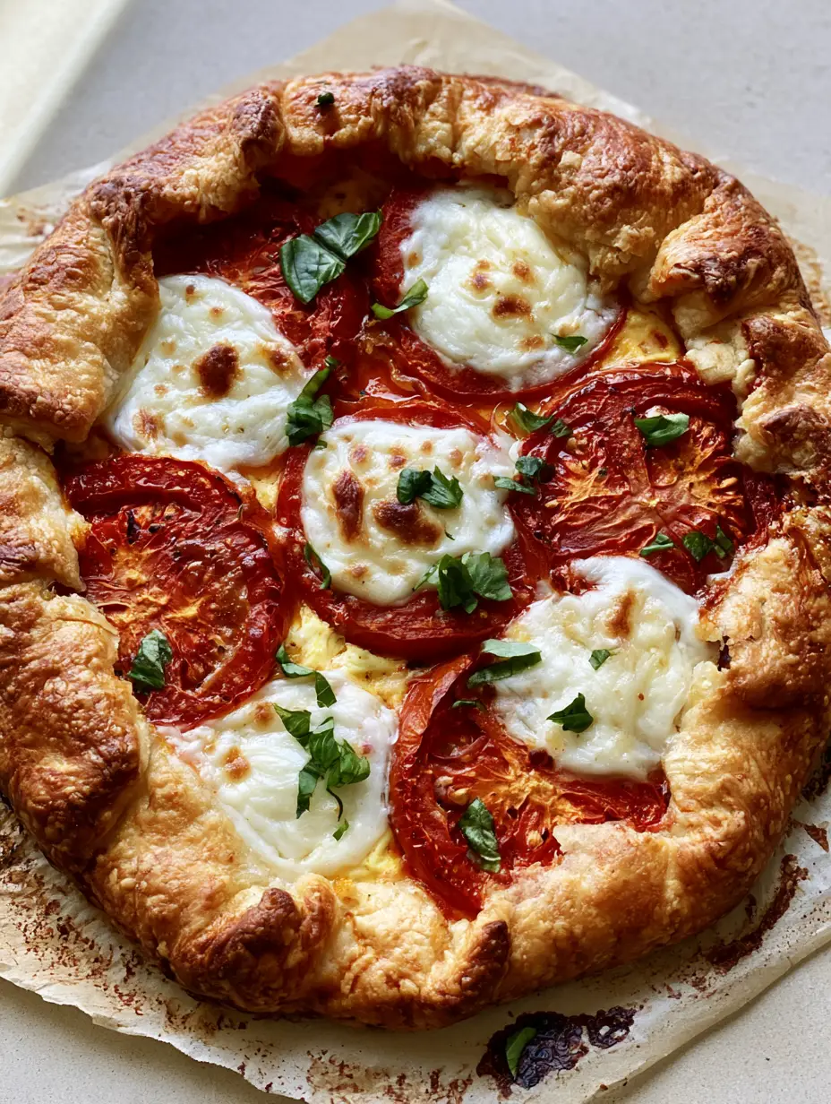Close-up of a Caprese Galette showing the bubbly toasted mozzarella and thin creamy egg custard layer visible beneath the tomatoes.