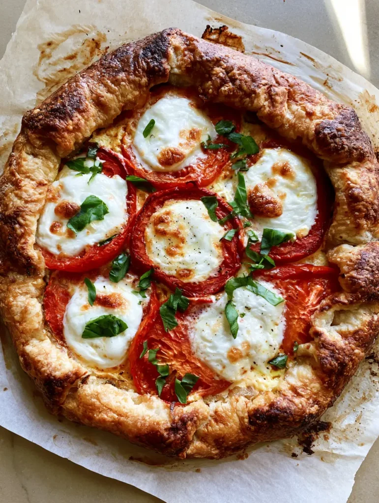 A handheld smartphone photo of a golden-brown Caprese Galette on a light-colored surface with soft side lighting.
