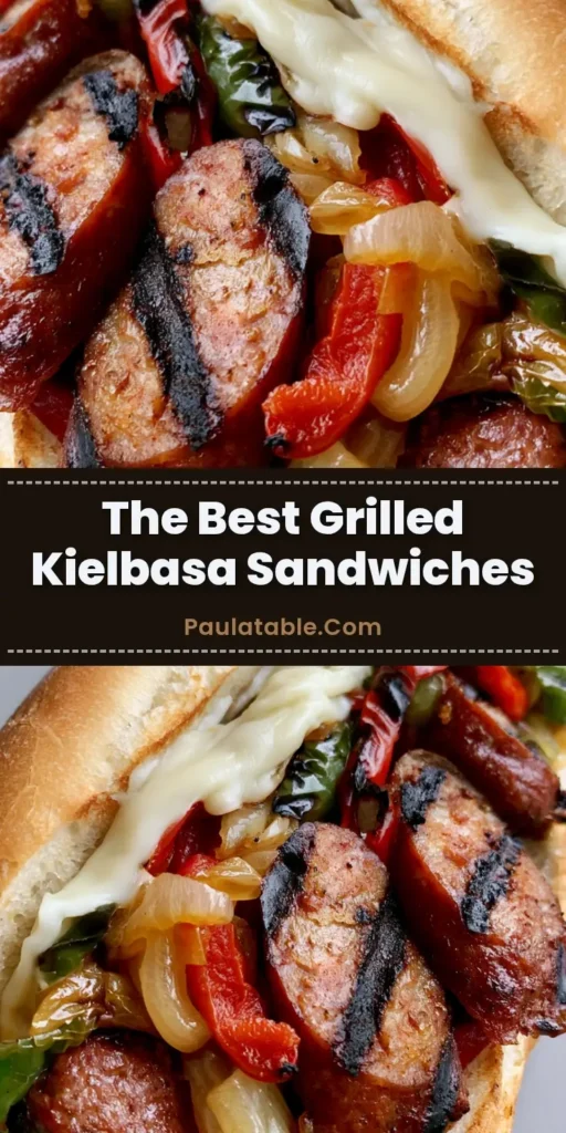 A close-up handheld smartphone photo of a grilled kielbasa sandwich with melted provolone cheese, charred peppers, and caramelized onions on a toasted hoagie roll.