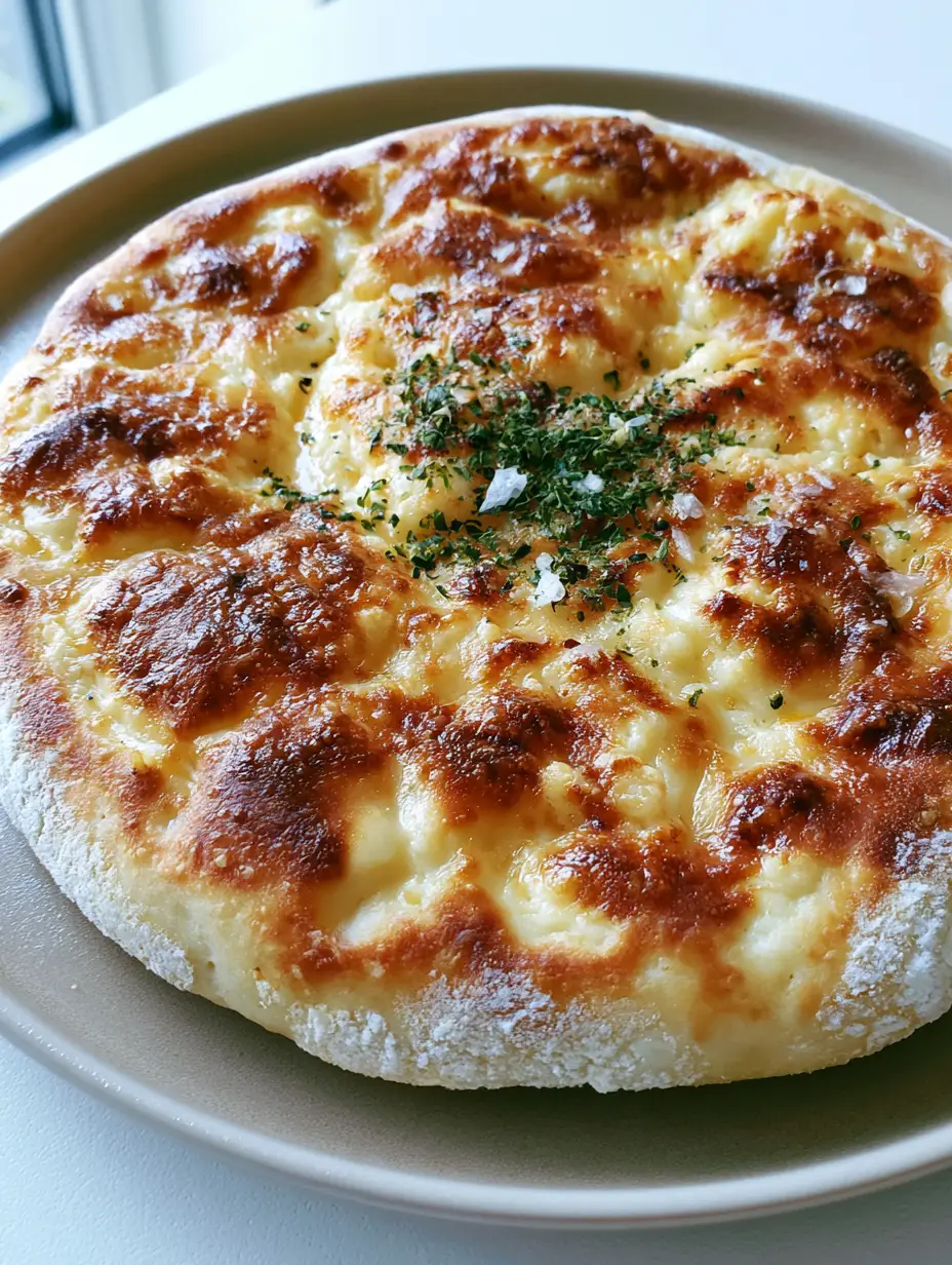 A circular cottage cheese flatbread on a ceramic plate featuring golden-brown blistered spots and a light flour dusting.