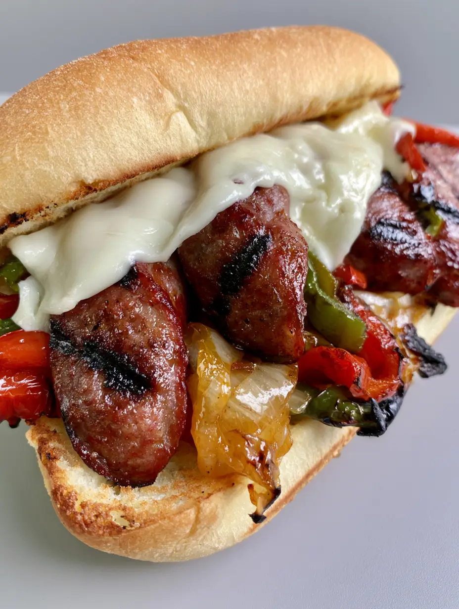 Thick diagonal slices of beef kielbasa with dark grill marks layered with blistered peppers and melted cheese in a hoagie roll. (Grilled Kielbasa Sandwich)