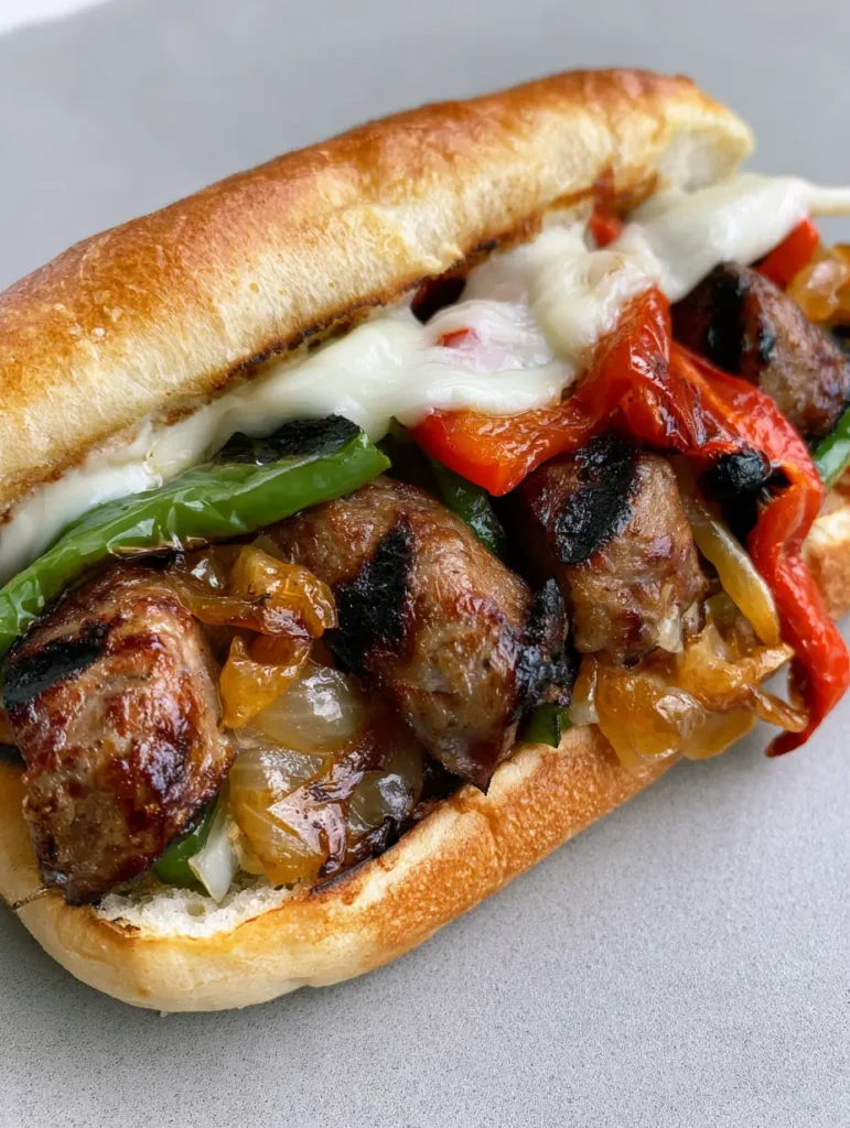 Handheld photo showing the melted provolone cheese draped over caramelized onions and grilled kielbasa. (Grilled Kielbasa Sandwich)