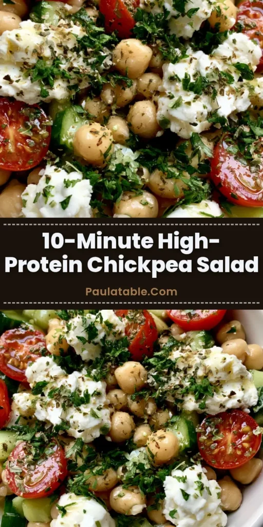 A shallow white ceramic bowl filled with High-Protein Chickpea Salad featuring beige chickpeas, green cucumbers, red tomatoes, and white feta cheese.