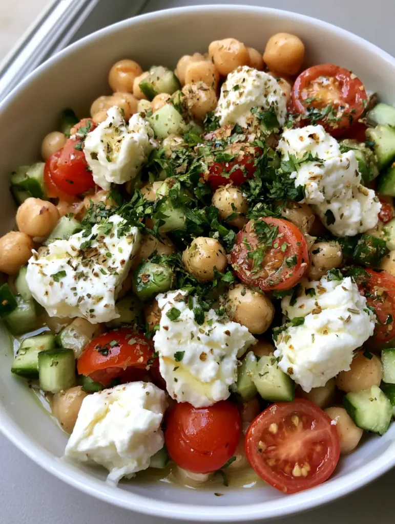 Close up view of High-Protein Chickpea Salad showing the glistening lemon vinaigrette on plump chickpeas and diced cucumbers.