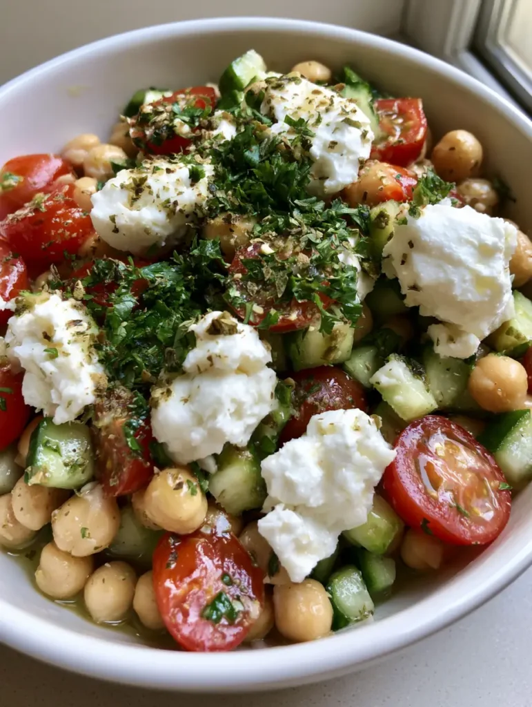 Smartphone photo of High-Protein Chickpea Salad in a white bowl with fresh parsley and crumbled feta garnish.