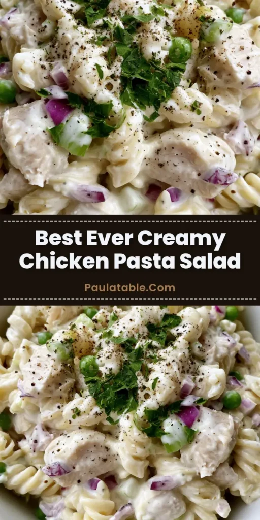 A vibrant bowl of Creamy Chicken Pasta Salad with rotini, peas, and red onions on a wooden table. (Creamy Chicken Pasta Salad)