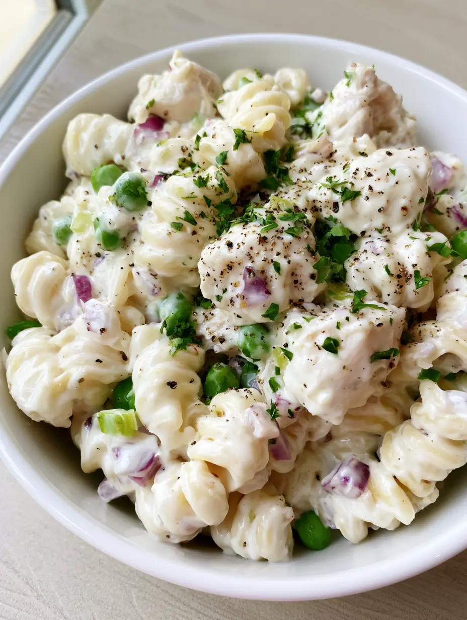 Top-down view of Creamy Chicken Pasta Salad showing the glossy dressing and green peas. (Creamy Chicken Pasta Salad)