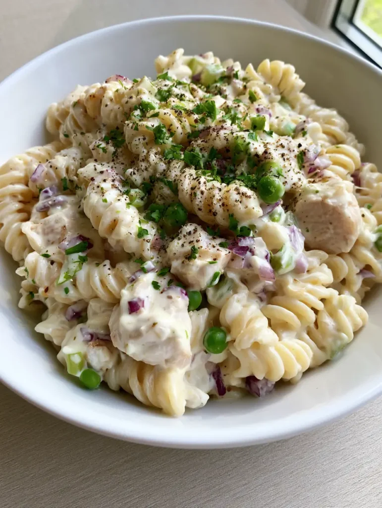 Close-up of rotini spirals, diced chicken, and purple red onions in a white bowl. (Creamy Chicken Pasta Salad)