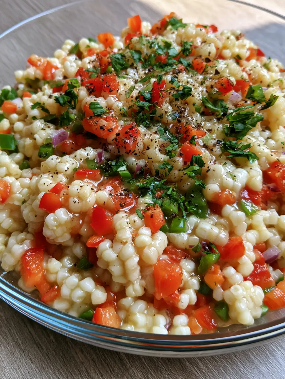 Close-up view of a clear glass bowl containing Shoepeg Corn Salad with small white corn kernels, diced red and green peppers, and glossy vinaigrette dressing.