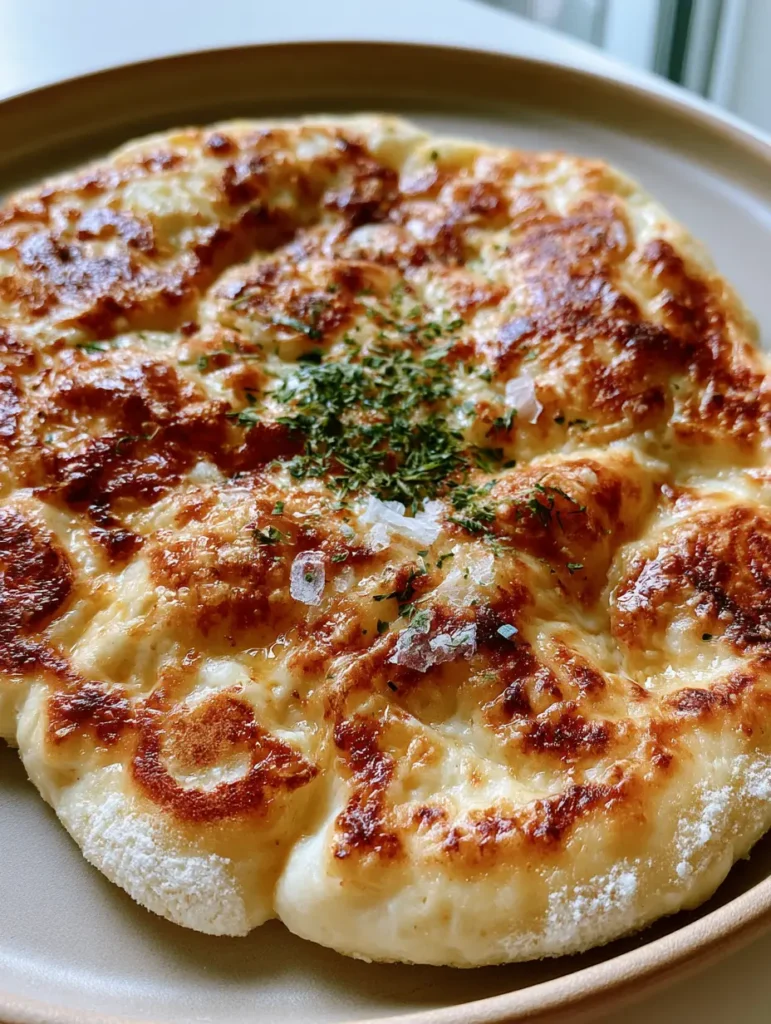 Overhead view of a Cottage Cheese Flatbread garnished with dried green herbs and sea salt flakes.