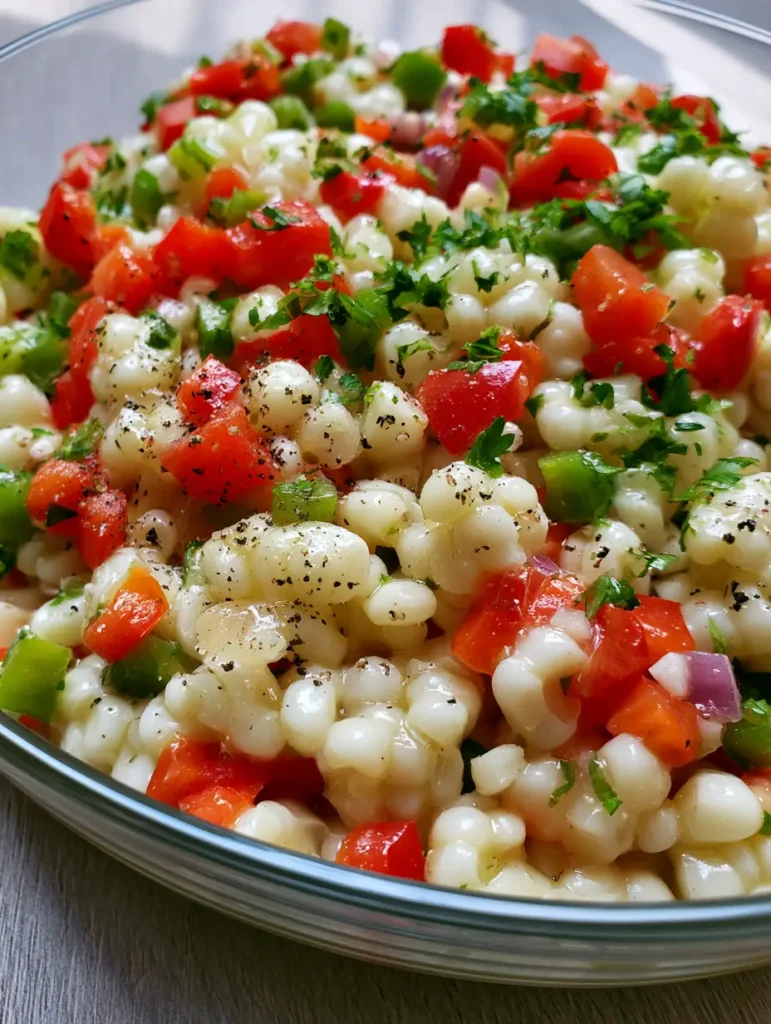 Shoepeg Corn Salad garnished with cracked black pepper and fresh parsley flakes in a glass serving bowl on a neutral wooden table.