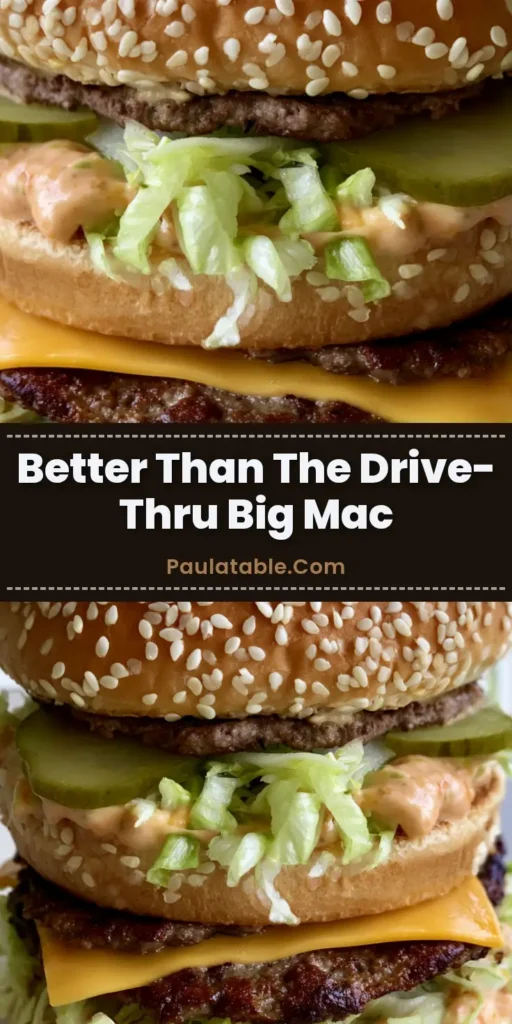 A towering double-decker cheeseburger with toasted sesame seed buns, melted cheese, and shredded lettuce on a neutral background. (Homemade Big Mac Recipe)