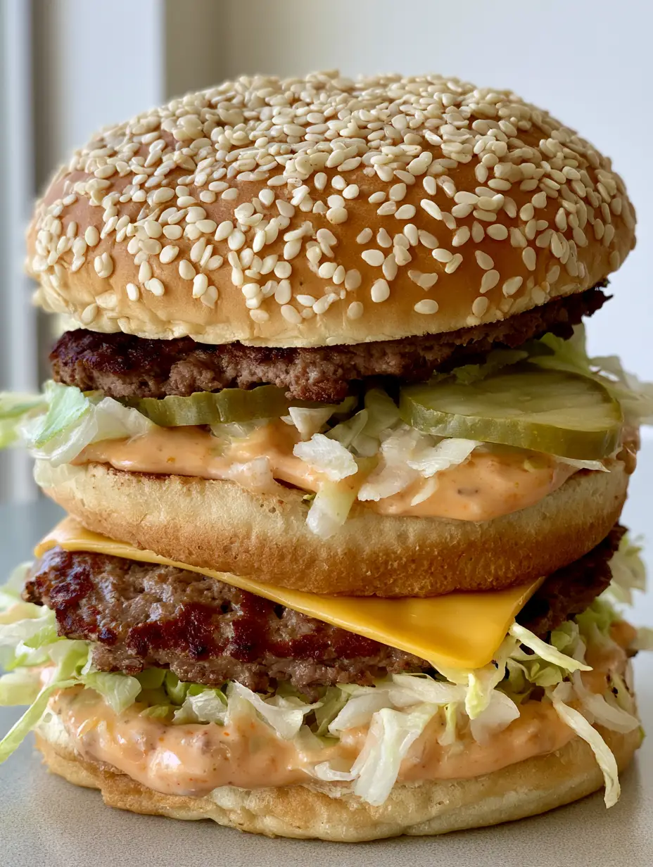 A close-up handheld smartphone photo of a double-decker Homemade Big Mac Recipe burger showing melted yellow cheese and browned beef edges.