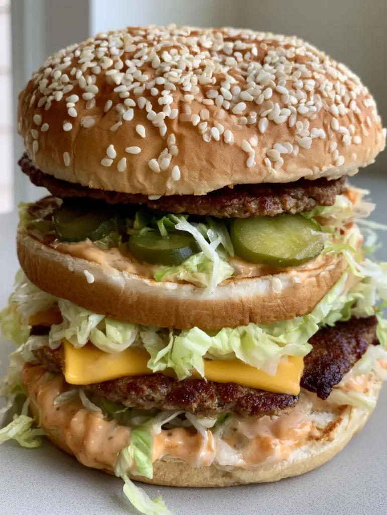 Side view of a copycat Big Mac burger showing the middle club bun and creamy orange sauce. (Homemade Big Mac Recipe)