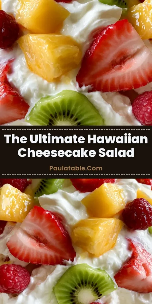 A handheld smartphone photo showcasing a vibrant Hawaiian Cheesecake Salad served inside a large white ceramic bowl, highlighting glossy chunks of raw pineapple, strawberries, kiwi, and raspberries nestled in a fluffy white cream base.