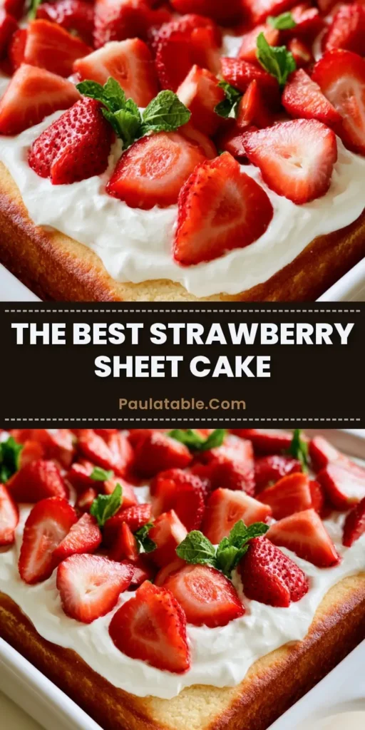A handheld smartphone photo of a Strawberry Shortcake Sheet Cake in a white rectangular dish, featuring a thick whipped cream layer and fresh strawberry slices.