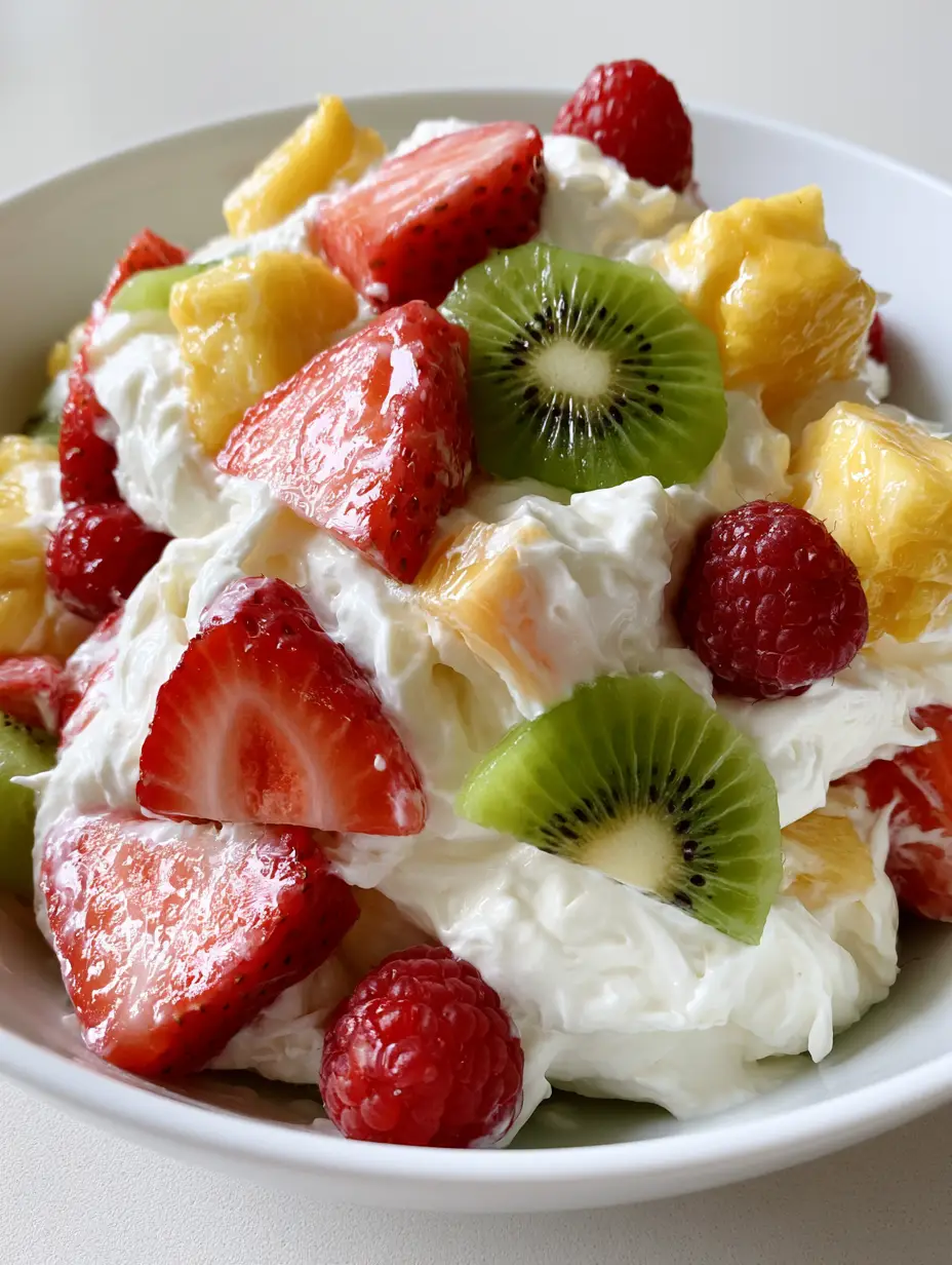 Close-up smartphone photo of Hawaiian Cheesecake Salad in a white ceramic bowl, showcasing the thick, opaque white cream base and wet-looking slices of raw kiwi and chunky golden-yellow pineapple.