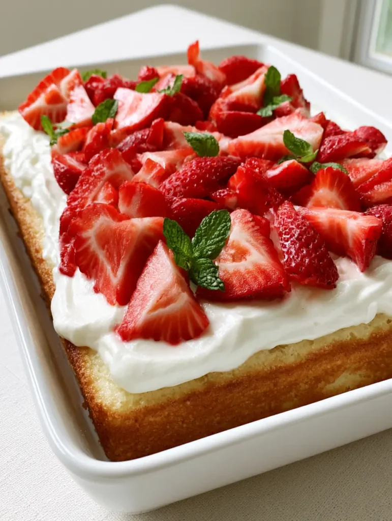 Close-up of a Strawberry Shortcake Sheet Cake showing the fine-crumb vanilla sponge and juicy strawberry halves.