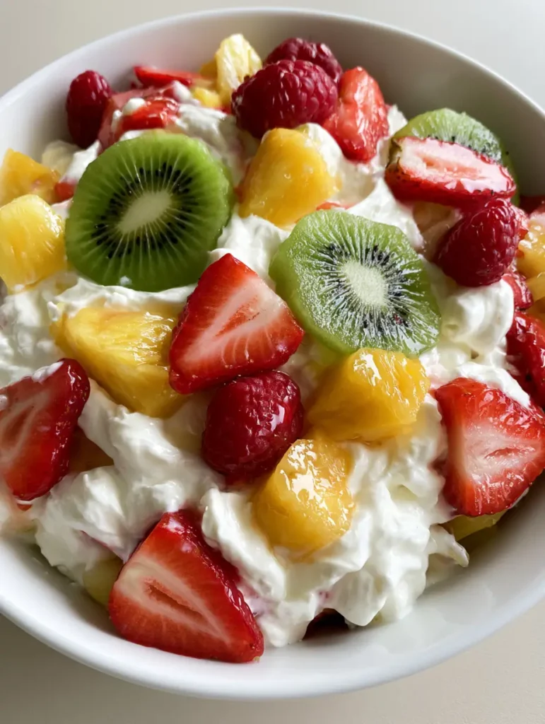 A large white ceramic bowl filled with Hawaiian Cheesecake Salad, showcasing distinct large chunks of fresh strawberries with visible white pith and deep red whole raspberries embedded in whipped cream.