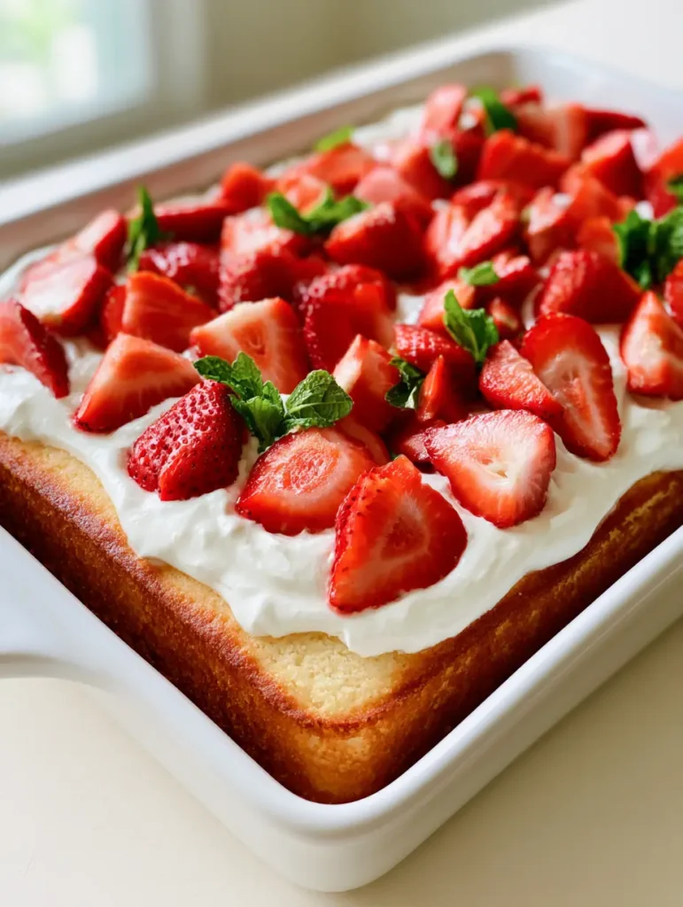 Overhead view of a rectangular Strawberry Shortcake Sheet Cake with smooth white whipped cream and mint leaf garnishes.