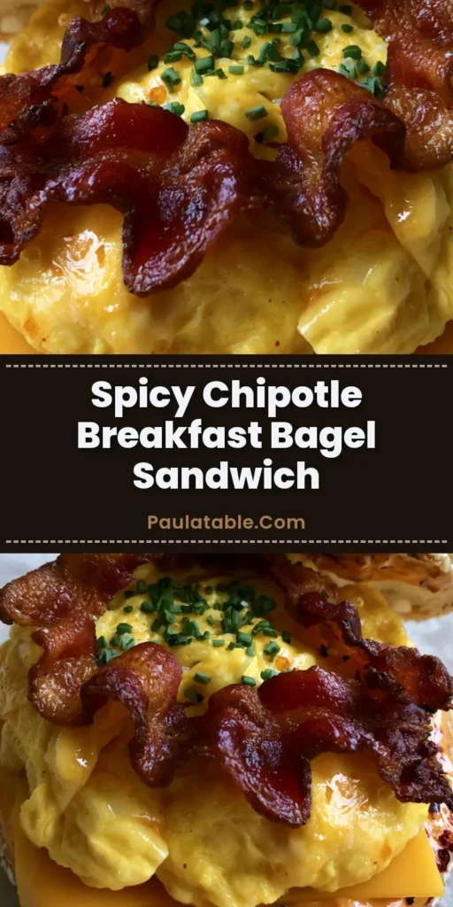 A stacked Spicy Chipotle Breakfast Sandwich on a toasted sesame bagel with dripping yellow cheddar and wavy bacon.