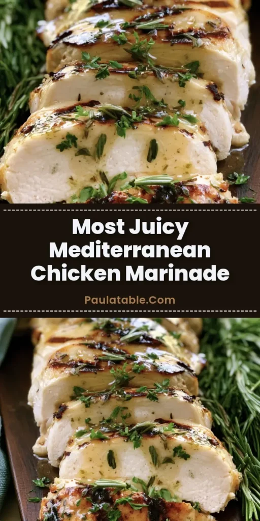 A Pinterest-optimized pin showing sliced seared chicken breast with dark char marks and rosemary needles on a dark wood board. (Mediterranean Chicken Marinade)