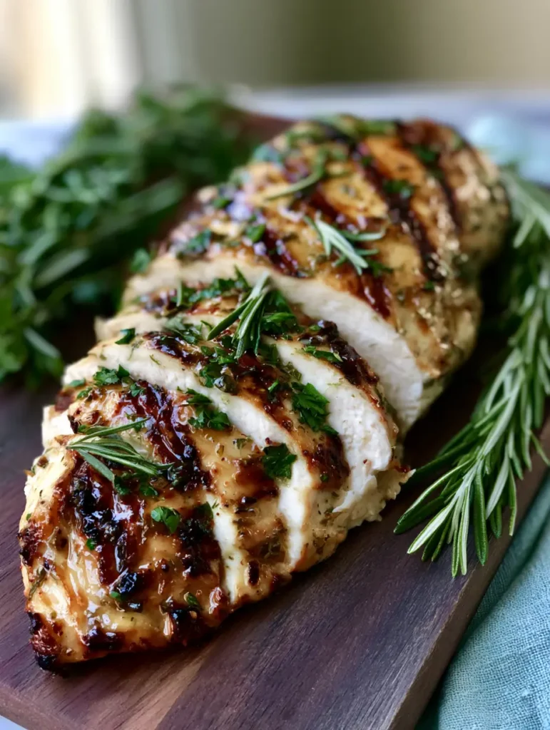 A handheld smartphone photo of sliced seared chicken breast with distinct dark brown char marks and glossy herb marinade. (Mediterranean Chicken Marinade)