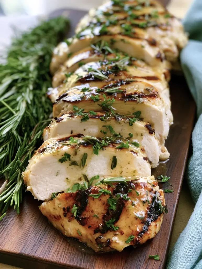 Sliced chicken breast garnished with chopped parsley and rosemary needles on a rustic wooden cutting board.