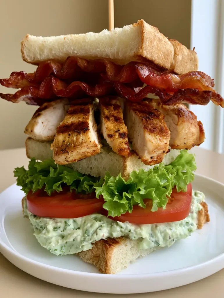 A close-up handheld photo of a Chicken Club Sandwich showing layers of seared chicken, wavy bacon, and avocado ranch.